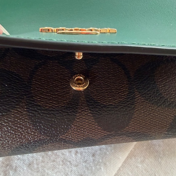 Coach Signature Slim Trifold Snap Wallet in Brown Canvas/Dark Pine - Picture 10 of 11